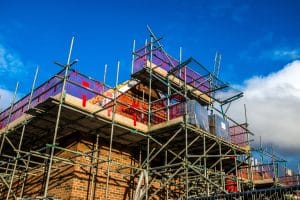 Scaffolding in use in construction of a new house.